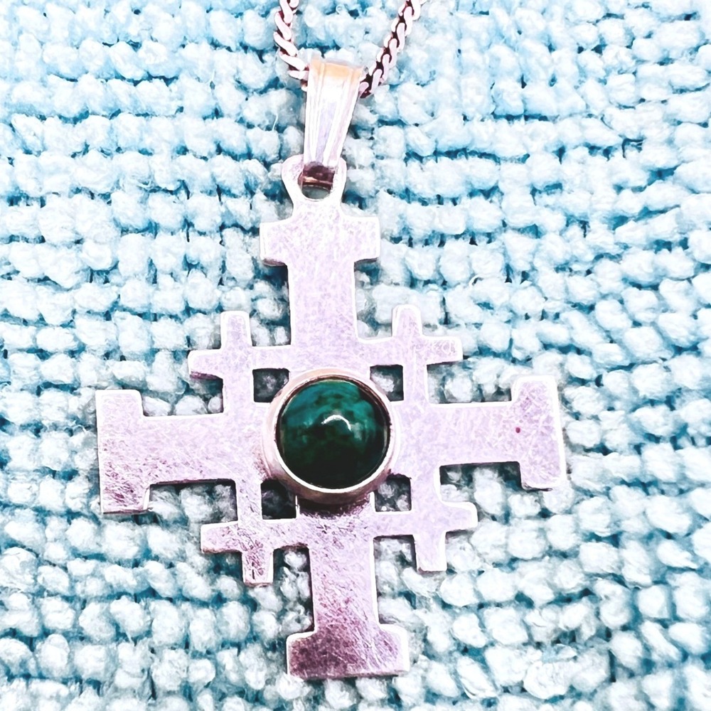 Vintage Sterling Silver Jerusalem Maltese Cross Necklace Natural Stone 18"